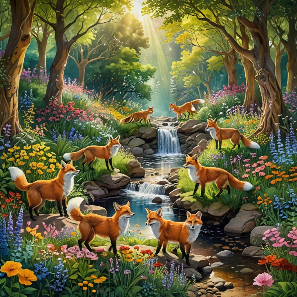 A whimsical forest scene filled with playful foxes of various colors, frolicking among vibrant flowers and lush greenery. In the background, a gentle stream flows, reflecting the sunlight and adding sparkle to the atmosphere. Include a group of diverse people, united in their admiration of these foxes, capturing joyful moments with cameras. The overall setting conveys a sense of enchantment and connection to nature. vibrant colors. painting. whimsical.