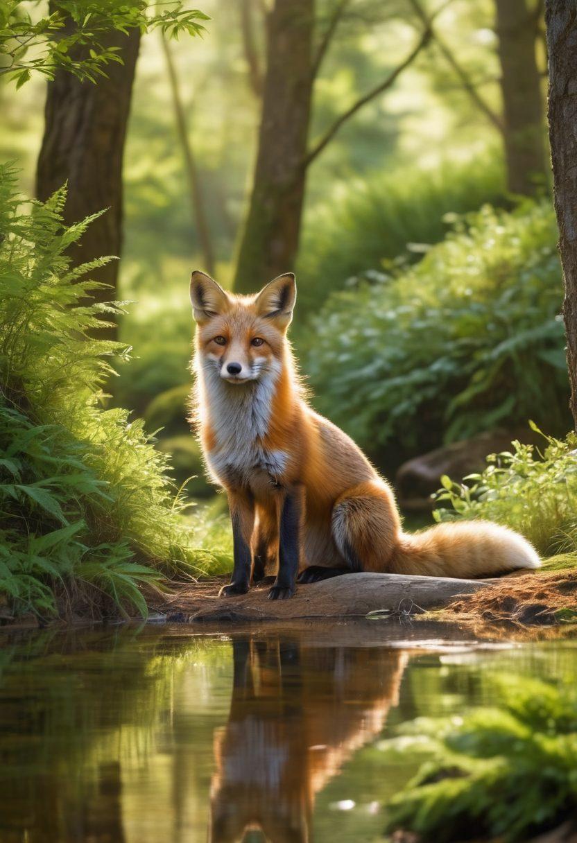 A serene woodland scene depicting a charming red fox nestled among lush greenery, with soft sunlight filtering through the trees. In the background, show a diverse habitat including a burrow and a stream. The atmosphere should evoke tranquility and natural beauty, capturing the essence of the fox's environment. super-realistic. vibrant colors. serene ambiance.