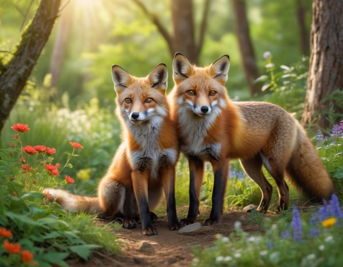 A serene forest scene showcasing a family of red foxes playfully interacting in their natural habitat, surrounded by lush green foliage and colorful wildflowers. Soft sunlight filters through the trees, illuminating their vibrant fur and creating a warm, inviting atmosphere. A subtle hint of a conservation message can be woven into the background, emphasizing the importance of protecting these adorable creatures. super-realistic. vibrant colors. natural setting.